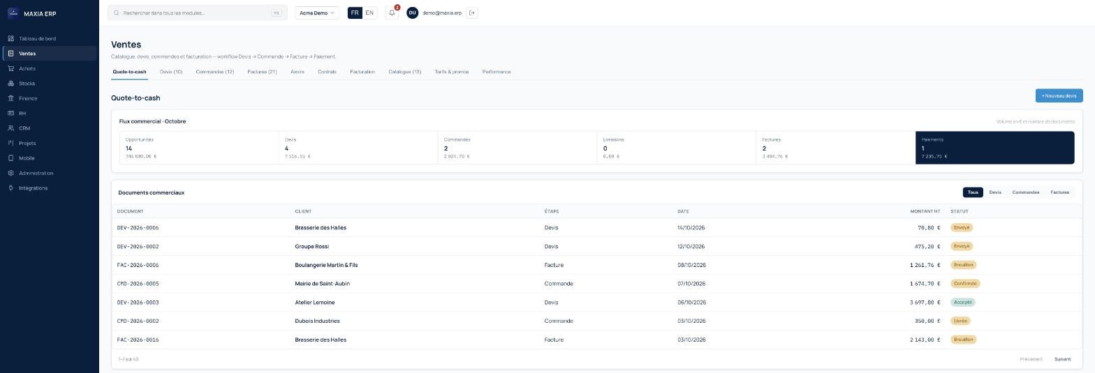 MAXIA ERP — écran Ventes : flux devis, commande, facture, paiement et documents commerciaux